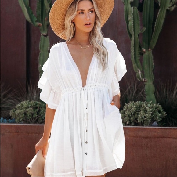 #116 PRICE FIRM 🩷New! Bohemian Mini White Gauze Summer Dress Swim Cover-Up - Picture 4 of 8